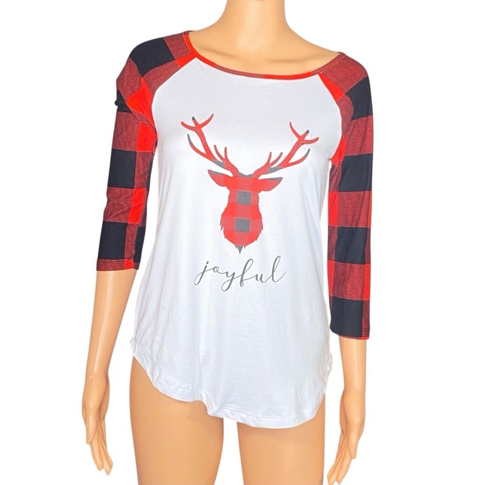 Wishful Park Medium Plaid Trim Pajama Top Joyful Reindeer Graphic